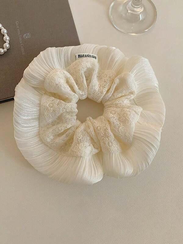 1个法式奶油泡芙云朵白色蕾丝发圈，甜美刺绣少女发绳发饰头饰