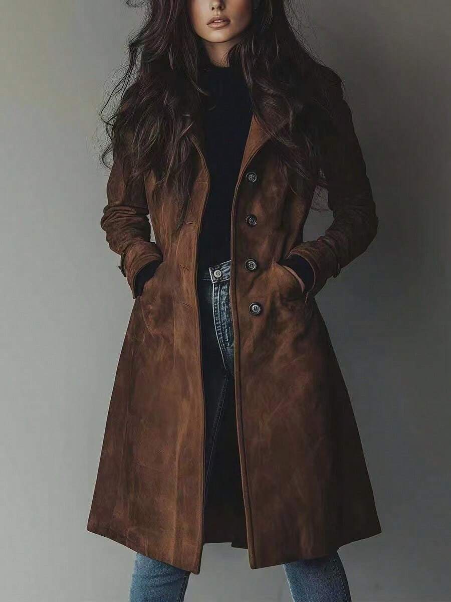 High Quality Women's Clothing Autumn And Winter Coat Lapel Imitation Suede Velvet Long Trench Coat Outerwear Fashion All-Match - 深棕色 - 查看 1
