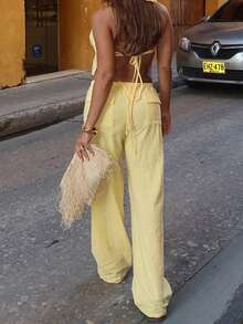 Bộ đồ hai mảnh gợi cảm gồm áo croptop hai dây và quần ống đứng thắt eo của Look Polly dành cho nữ, phù hợp cho các buổi hẹn hò, kỳ nghỉ, đi biển, sinh nhật và dã ngoại. - Màu vàng - Xem 8
