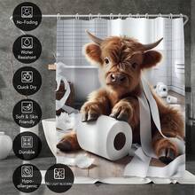 Cute Highland Cow Bathroom Curtain Set, Includes Non-Slip Bath Mat, U-Shaped Rug, Toilet Lid Cover - Waterproof Polyester Fabric Bathroom Window Curtain With 12 Hooks, Machine Washable, Seasonal Animal Theme Decor, Bathroom Divider, Shower Curtain Set, Ideal For Home Decor, Holidays, Daily Decoration, Bathroom Decor, Shower Decor, And Gift Giving - Multicolor - View 4