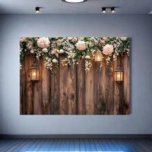 1pc Rustic Floral Wood Grain Wall Backdrop Banner, Wood Grain & Pink Flower Theme, Multiple Sizes Available, Polyester Material, Party Photography Background Decor, Suitable For Wedding, Birthday, Themed Party, Home, Garden Decoration, No Electricity Required - Multicolor - View 5