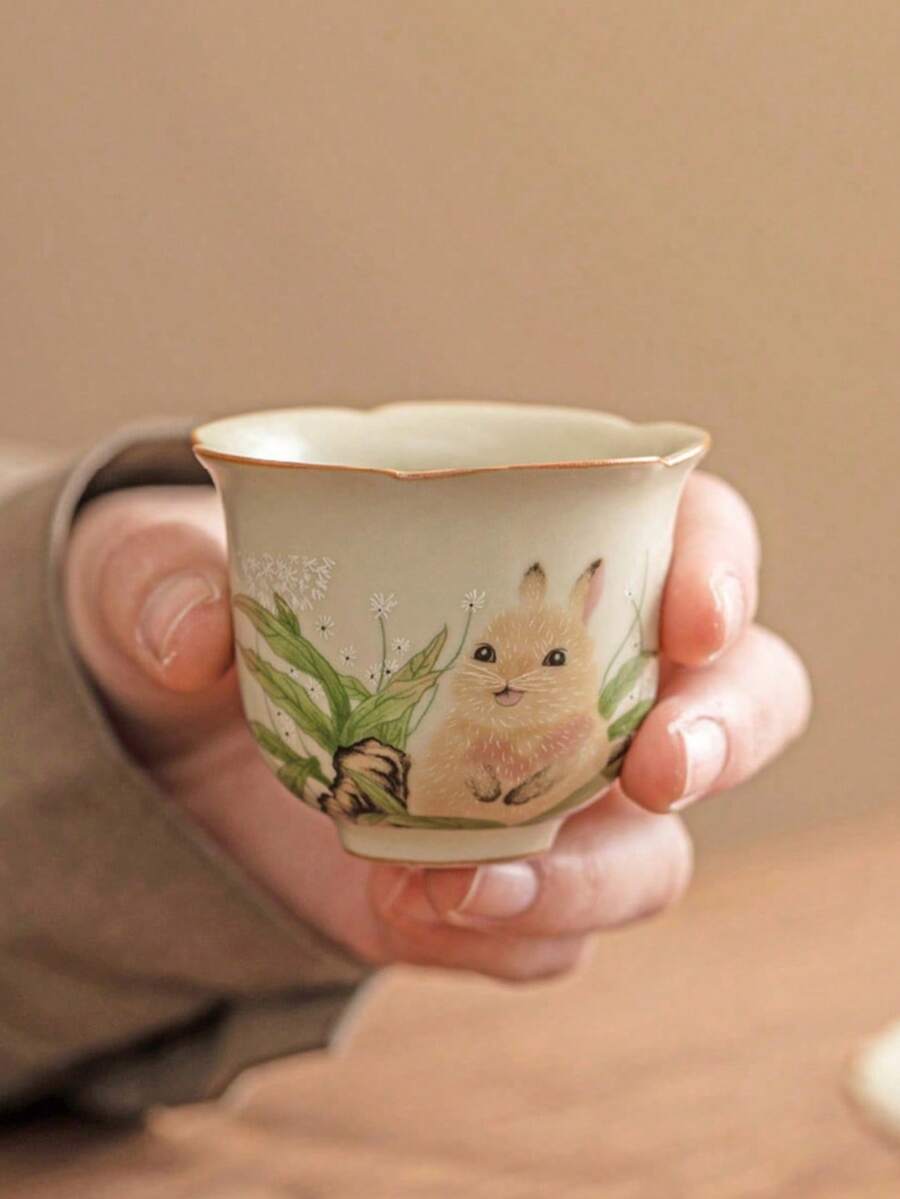 1个复古兔子图案陶瓷茶杯，品茶杯，家居装饰茶杯 - 彩色 - 查看 1
