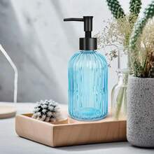 Topsky Stripe Glass Soap Dispenser With Black Plastic Pump, 400ml Liquid Hand Soap Dispenser, Rustproof Pump For Kitchen & Bathroom, Great For Lotions, Essential Oil, Liquid Soaps- (Light Blue) - LightBlue - 查看 3