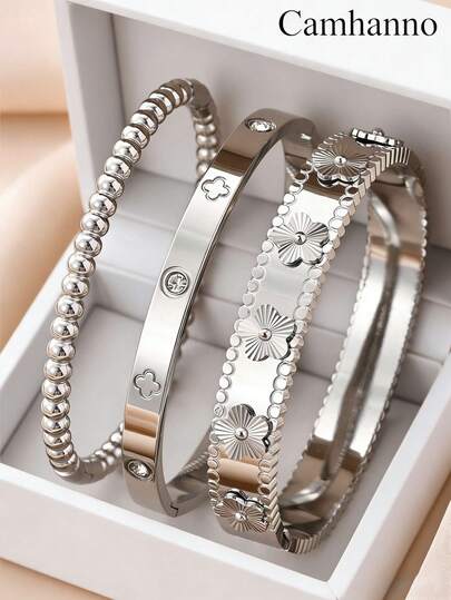 Camhanno 304 Stainless Steel Silver Multi-Style Bracelet Set: Rivet Decor, Beaded Pattern, Floral Print, Presenting Refined Layered Look On Wrist, Suitable For Fresh & Fashionable Wear, Bringing Clean & Elegant Feel