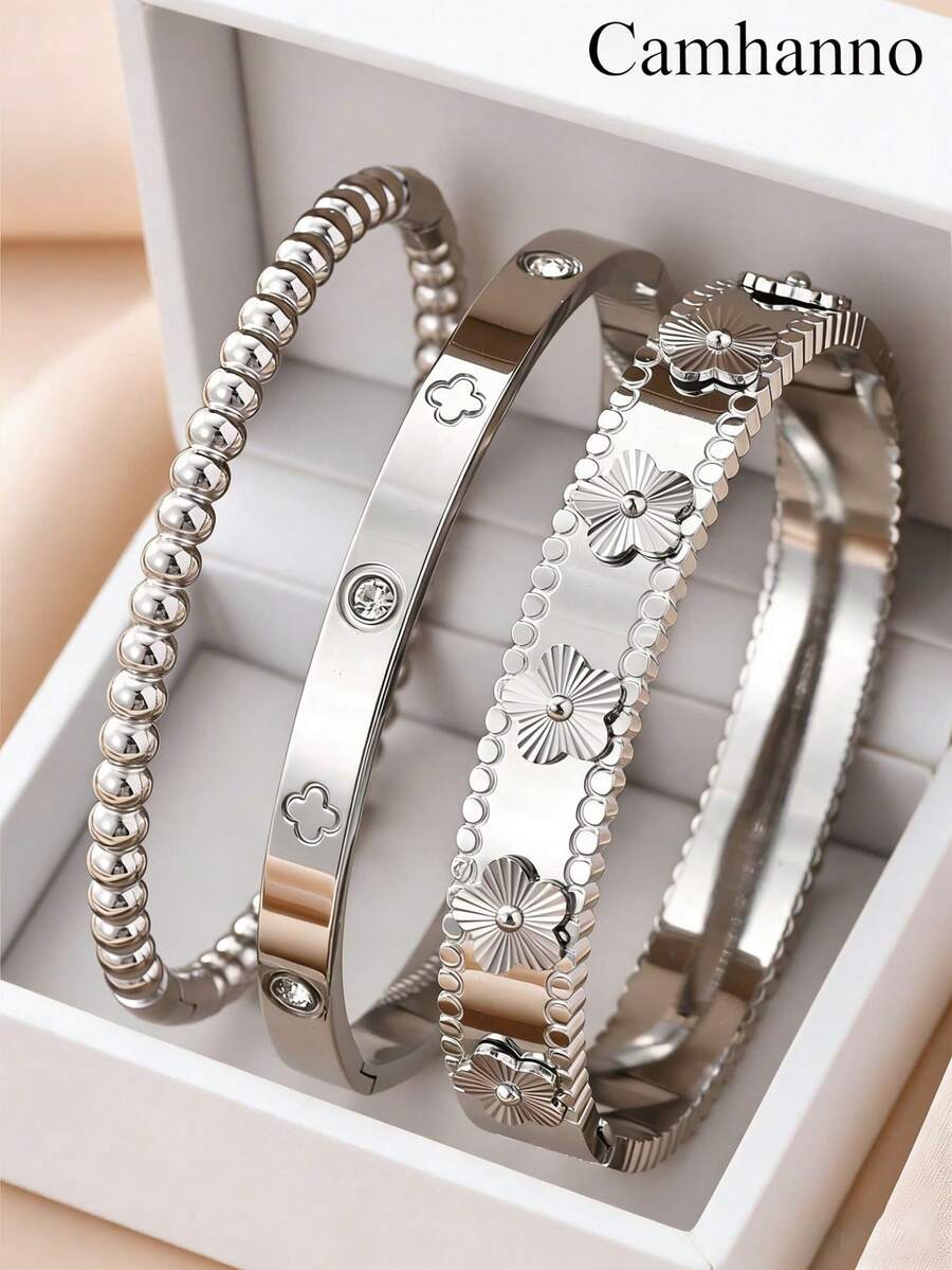 Camhanno Bộ vòng tay nhiều kiểu dáng bằng thép không gỉ 304 màu bạc: Trang trí đinh tán, họa tiết hạt cườm, họa tiết hoa, tạo nên vẻ ngoài nhiều lớp tinh tế trên cổ tay, phù hợp với phong cách tươi trẻ và thời trang, mang lại cảm giác thanh lịch và sang trọng. - Bạc - Xem 1