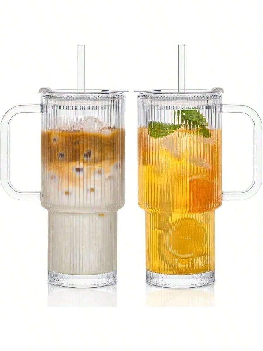 Bộ 2 cốc thủy tinh dung tích lớn 26oz, thiết kế trong suốt, thời trang với tay cầm tiện lợi, kèm nắp, cốc có ống hút, cốc đá, cốc cà phê văn phòng. Thích hợp làm quà tặng tốt nghiệp, quà tặng tiệc độc thân, quà tặng phù dâu, quà tặng Ngày của Cha, đồ trang trí Halloween, quà tặng Halloween. - trong suốt - Xem 1