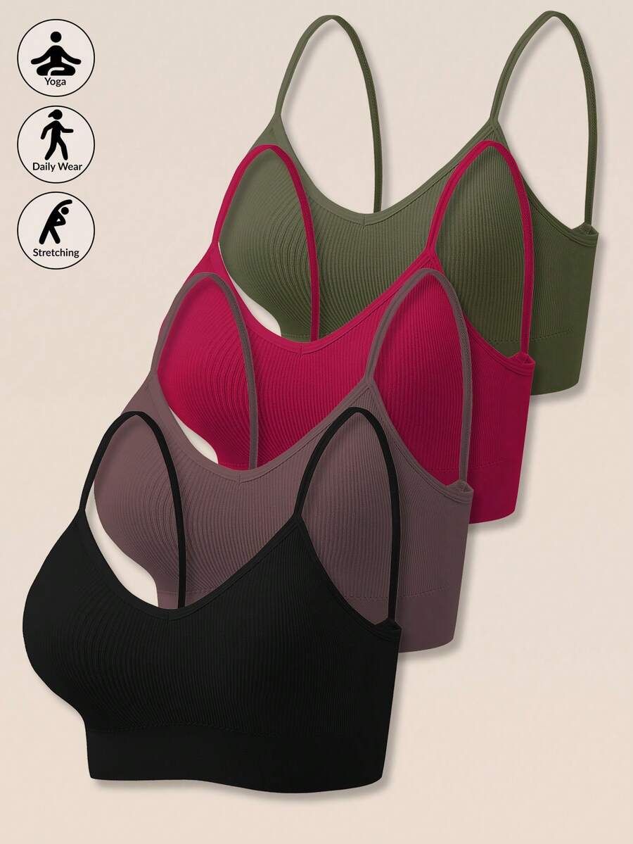 4 件装女士无缝条纹吊带背心聚拢文胸，性感舒适内衣 - 彩色 - 查看 1