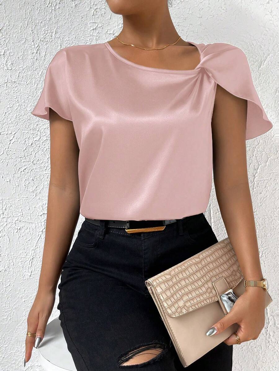 Women's Summer Solid Color Crepe Asymmetric Neck Twist Shoulder Blouse - Baby Pink - View 1