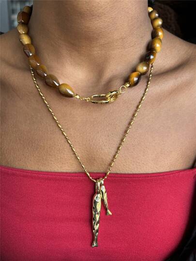 1 chiếc vòng cổ hạt cườm thủy tinh mắt hổ phong cách Boho thanh lịch, phụ kiện hàng ngày cho nữ, mặt dây chuyền hình cá màu vàng, trang sức đi biển, sinh nhật, thường ngày.