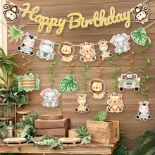 1 Set Jungle Theme Birthday Party Banner - Animal Theme Decorations, Includes "Happy Birthday" Letters, Spiral Decors, Suitable For Indoor/Outdoor Celebrations, Birthday Decorations