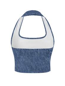 Women Sexy Blue Washed Denim Halter Neck Crop Top, Halter Square Neck Button Down Pocket Detail, Summer Hit, Suitable For Summer Party Going Out Girlfriends Gathering - Blue - View 8