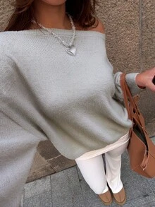 女士新款休闲纯色宽松露肩长袖毛衣，浪漫粉色，超大针织上衣 - 灰色 - 查看 11