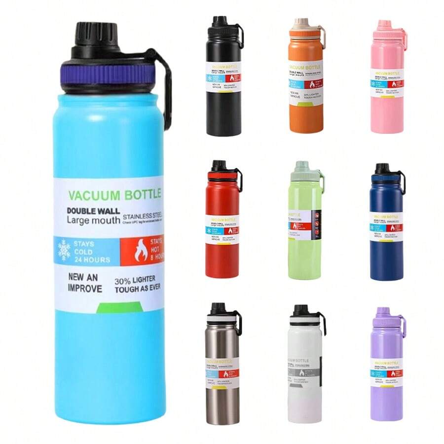 800ml/1000ml Stainless Steel Thermal Bottle For Hot And Cold Drinks With Sporty Handle - Màu xanh nhạt - Xem 1