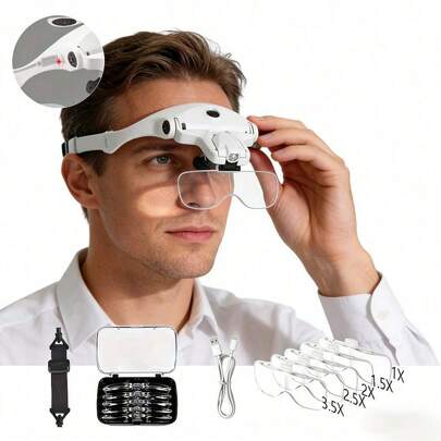 USB Charging Head With Magnifying Glass, Charging Hands-Free Head With Magnifying Glass, With LED Light For Handmade Jewelry Watches, Replaceable 5 Lenses 1.0X 1.5X 2.0X 2.5X 3.5X