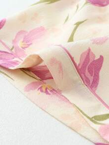 Bộ đồ ngủ 2 món tay ngắn in họa tiết hoa tulip cài nút phía trước cỡ lớn cho nữ, thoải mái khi mặc ở nhà, mùa hè, trang phục - Màu be - Xem 7