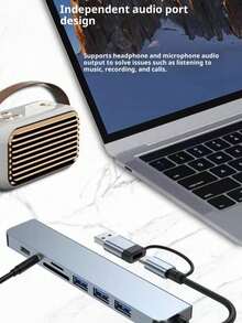 8-In-1 Docking Station Hub, USB 3.0 Multi-Port Hub Splitter, Suitable For Mobile Phones/Computers/Speakers/Tablets/TVs - 銀色 - 查看 7
