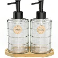 MASADI Soap Dispenser Set With Bamboo Tray, Dish And Hand Soap Lotion Dispenser Set With Wooden Pump For Kitchen And Bathroom Decor For Counter, Modern Vintage Liquid Soap Dispensers - 垂直條紋-透明 - 查看 2