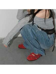 Petite Red Bow Simple Shoes For Women, Retro Ballerinas With Flat Mouth And Studs For Spring And Summer - Red - View 4