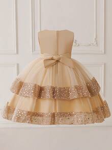 Váy dự tiệc thanh lịch dành cho bé gái với cổ tròn, đính sequin, nơ và vải tuyn, thích hợp cho tiệc tùng và lễ hội, không bao gồm băng đô - Rượu sâm banh - Xem 2