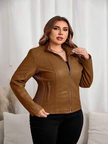 Plus Size Women's Casual Fashion Motorcycle Jacket, Suitable For Commuting And Street Photography, Faux Leather Material, Autumn/Winter - Brown - View 8