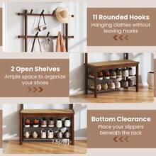 COSTWAY Bamboo Coat Rack, PE Rattan Hall Tree With Bench & Shoe Storage, 3-In-1 Entryway Bench With 2 Hanging Rods, 11 Hanging Hooks & Shelves, Brown - Brown - View 3