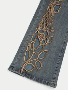 Magic Mia Women's Blue Flared Jeans - Floral Embroidery & Cutout Detail | High-Waisted Slim Fit For Daily Commute, Casual Hangouts, Date Nights & Weekend Errands | Versatile Styling For Street Walks, Café Visits & Office Lunches (Chic & Leg-Lengthening) For Effortless Daily Looks - 藍色 - 查看 6