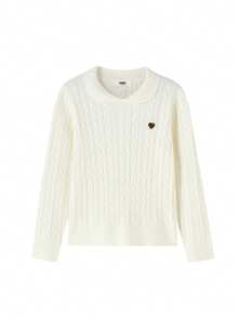 Annil 儿童服装和女童圆领套头毛衣 2025 冬季新款蓬松保暖系列花瓣翻领甜美可爱保暖针织毛衣 - 奶糖白 - 查看 11