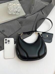 US-Based Fast Delivery | Minimalist Black Curved Hobo Bag - Soft Pu Leather Half-Moon Shoulder Bag With Gold-Tone Hardware, Adjustable Strap Crossbody Purse For Daily Outfits, Sleek Structured Design Elegant Handbag, Versatile Casual & Office Small Bag For Women,  Modern Minimalist Fashion Accessory - 黑色 - 查看 5