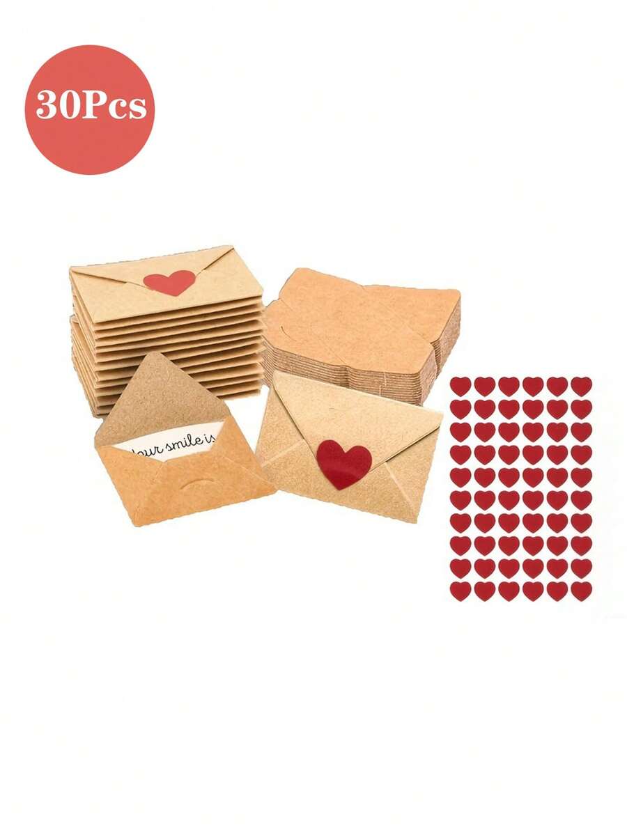 30pcs Mini Envelopes Valentine's Day Cards With Heart Stickers, Suitable For Holiday Parties, Birthdays, Mother's Day, Father's Day, Couples, Writing Love Notes And Greeting Cards - one-size - View 1