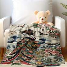 1pc Traditional Japanese Kimono & Wave Design Throw Blanket - Soft Polyester, All-Season Comfort For Sofa, Bed & Chair Decor, Cozy Home Accent|Artistic Kimono Design|Polyester Knit Blanket 30*40inches Blanket - 彩色 - 查看 4