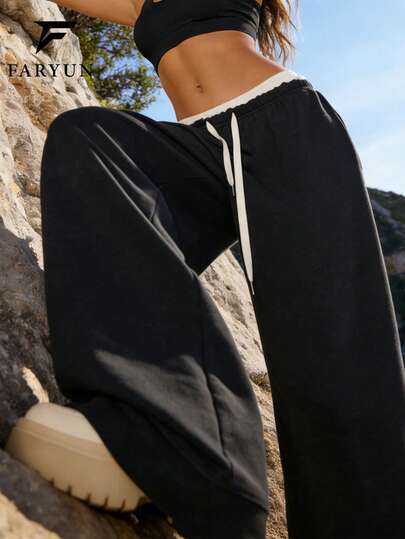 Women's Outdoor Versatile Casual Straight Leg Sweatpants, Black All-Match Style With Drawstring, Simple And Comfortable, Breathable