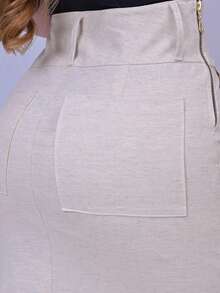 Linen High-Waisted Midi Skirt, Straight Leg, Formal/Office Style, With Front Slit - Màu be - Xem 4