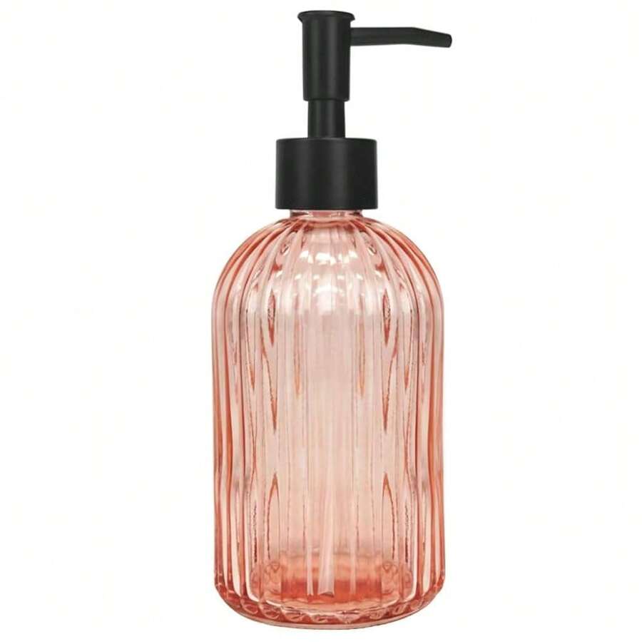 Topsky Stripe Glass Soap Dispenser With Black Plastic Pump, 400ml Liquid Hand Soap Dispenser, Rustproof Pump For Kitchen & Bathroom, Great For Lotions, Essential Oil, Liquid Soaps-Pink Orange - 條紋橙色 - 查看 1
