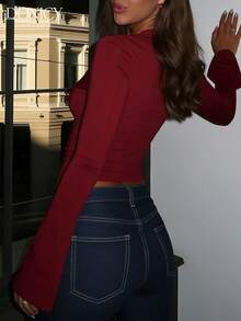 Áo kiểu nữ tay dài ren, áo thun ren cổ chữ V khoét sâu kiểu Y2K tay phồng ôm sát, áo nỉ Giáng sinh màu đỏ, áo crop top tay dài gợi cảm, phong cách đường phố thường ngày phù hợp cho mùa xuân, hè, thu, đông, ngày lễ tình nhân, lễ hội Carnival. - Đỏ - Xem 2