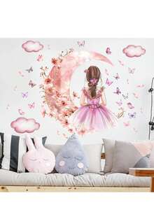 1pc Moon & Butterfly Girl Wall Sticker, Teenage Style Children's Room Decor, Bedroom Home Background Beautification
