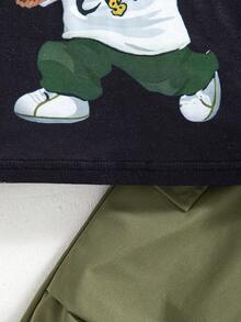 2pcs/Set Young Boys Cartoon Print Black Short Sleeve Top + Casual Cargo Pants - Black - View 7