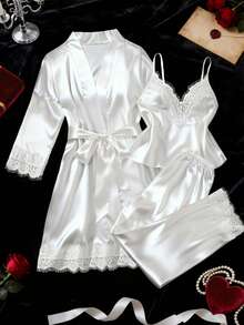四件套纯色撞色蕾丝睡衣套装，吊带背心、弹力裤和宽松睡裙（含腰带），女士舒适睡衣家居服套装 - 白色 - 查看 10