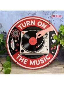 Vintage Metal Tin Sign, Retro Round Turn On Music DJ Turntable Wall Decor, 7.8 Inch 2D Flat Art For Home Garage Cafe Patio Porch - 彩色 - 查看 8