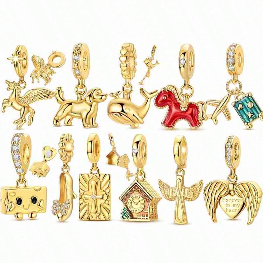 1 chiếc mặt dây chuyền hình động vật mạ vàng 18K hình chó, cá voi, pho mát, sách, nhà, biểu tượng vật dụng hàng ngày cho vòng tay hoặc dây chuyền 3mm, phụ kiện tuyệt vời để tự làm mặt dây chuyền hạt, thiết kế chi tiết tinh xảo, quà tặng vòng tay hàng ngày, trang sức lễ hội, trang sức thường ngày, bộ sưu tập trang sức - Vàng - Xem 1