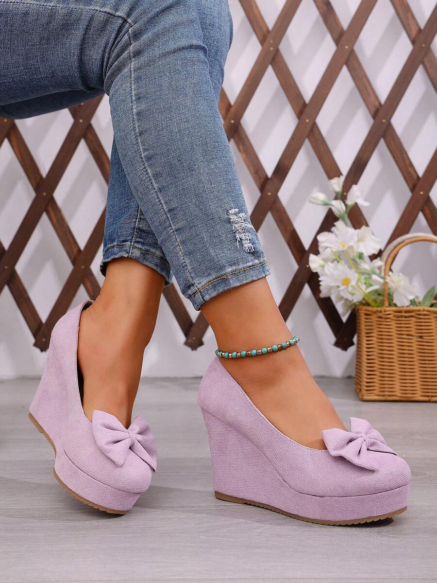 Women's Spring New Suede Bow Tie Wedge Mary Jane Shoes, Platform Thick Bottom Fashionable Versatile Shoes - Taro Purple - View 1