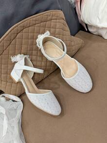 白色中跟鞋，亮面蕾丝复合材料，蝴蝶结珍珠设计，适合节日盛会、时装秀、公主鞋、婚礼派对等场合。 - 白色 - 查看 11