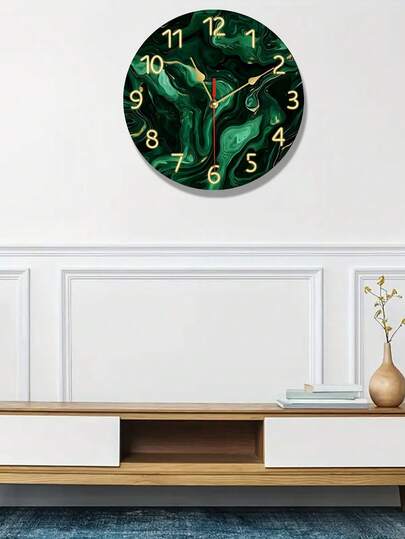 【理想礼物】1个绿色和金色大理石纹理的豪华大理石挂钟 - 现代优雅的大型模拟时钟，适用于客厅、书房、高档家居装饰 - 金色指针和黑色数字，人造木/塑料边框，静音扫秒机芯