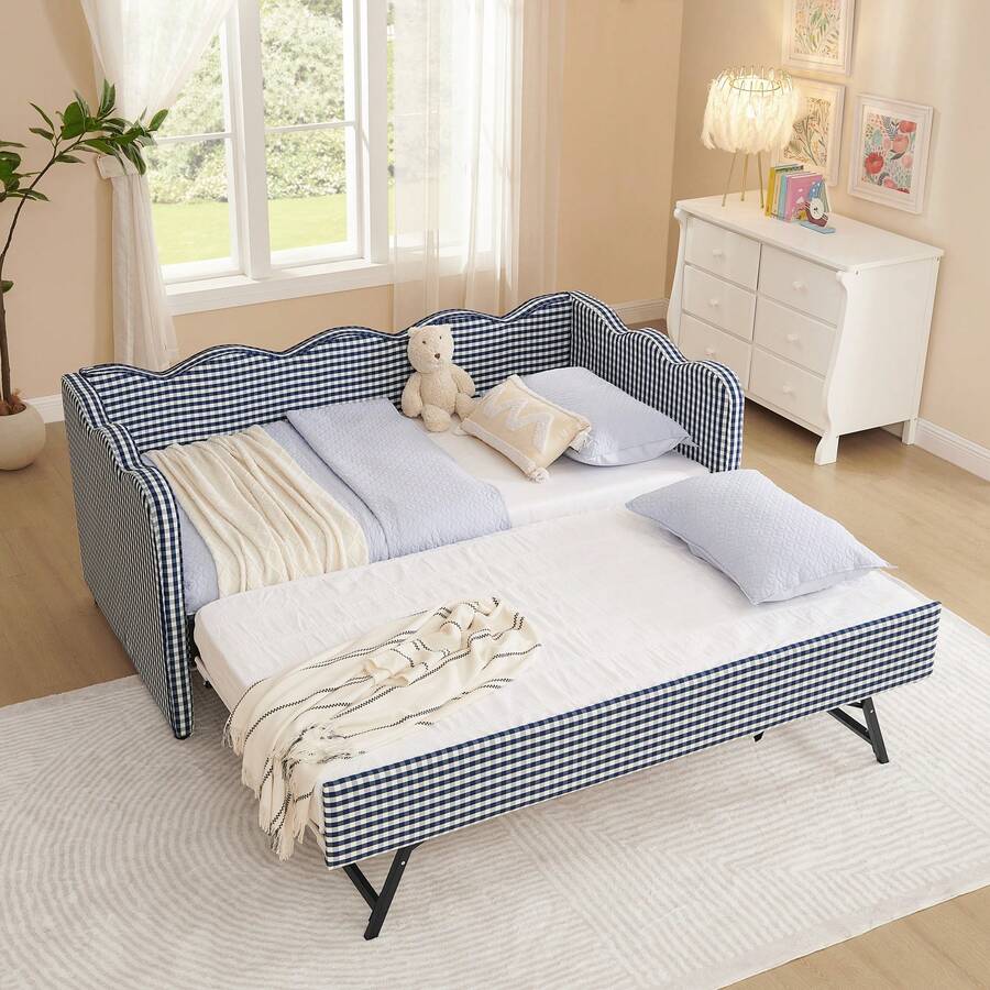 Twin To King Daybed With Trundle,Linen Upholstered Daybed With Pop Up Trundle Bed,Modern Extendable Twin Day Bed Frame For Girls Bedroom Living Room Guest Room,No Box Spring Required - 藏蓝色 - 查看 1