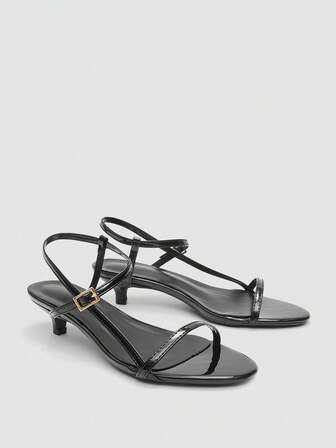Women's Black Kitten Heel Sandals, Fashion Minimalist Slide Sandals With Criss-Cross Thin Strap