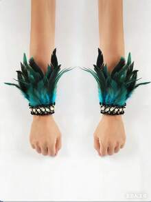 2pcs Halloween Party Performance Feather Wristband Accessories,Handwear Accessory ,Blue Feathers,For Party - Green - View 7