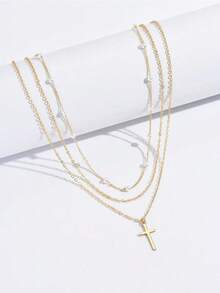 2pcs Women's Faux Pearl & Cross Pendant Necklace (Random Pearl Quantity)   2025 Dainty Clavicle Chain Set With Random Pearl Quantity, Elegant Minimalist Vintage Jewelry, Non-Tarnish Lightweight Daily Wear Accessory, Perfect For Casual Party Date Outfits, Ideal Valentine's Day Birthday Gift For Mom Wife Girlfriend - 金色 - 查看 4