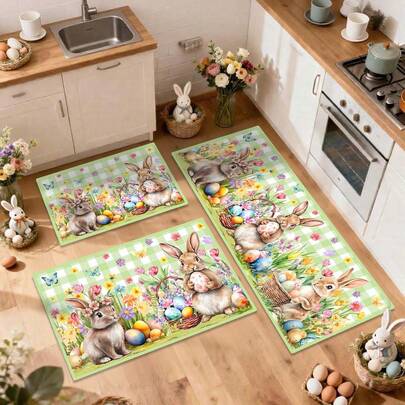 40*60cm/50*80cm/40*120cm Easter Green Plaid Rabbit Kitchen Floor Mat, Home Foot Pad, Colorful Egg & Floral Themed Holiday Decorative Carpet
