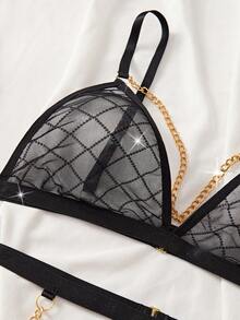 情人节惊喜礼物：新款黑色格子薄纱性感内衣套装，金属链文胸、吊袜带和丁字裤三件套，女士派对装扮 - 黑色 - 查看 4