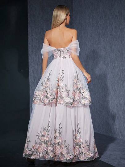 1pc Sleeveless Dress With 3D Applique, Pleated Mesh, Layered Embroidery And Lace Decor, Featuring A Voluminous Skirt. Suitable For Summer, Elegant Party Dress, Printed Pattern