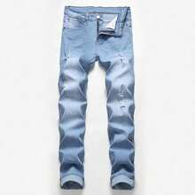 Jeans Men Púrpura 2025 Pantalones de Hombre Traje de calle Trendy Pantalones Denim Estrechados Rompidos Negro Ligeño Lavado Ajuste fino Cintura elástica Ajuste suelto Pantalones Casuales de gran tamaño para hombres Moda hip hop - Neblina azul - Ver 3